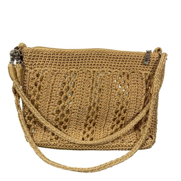 The Sak Womens Crocheted gold metallic underlay Crossbody Bag Beige beach boho - Picture 1 of 14
